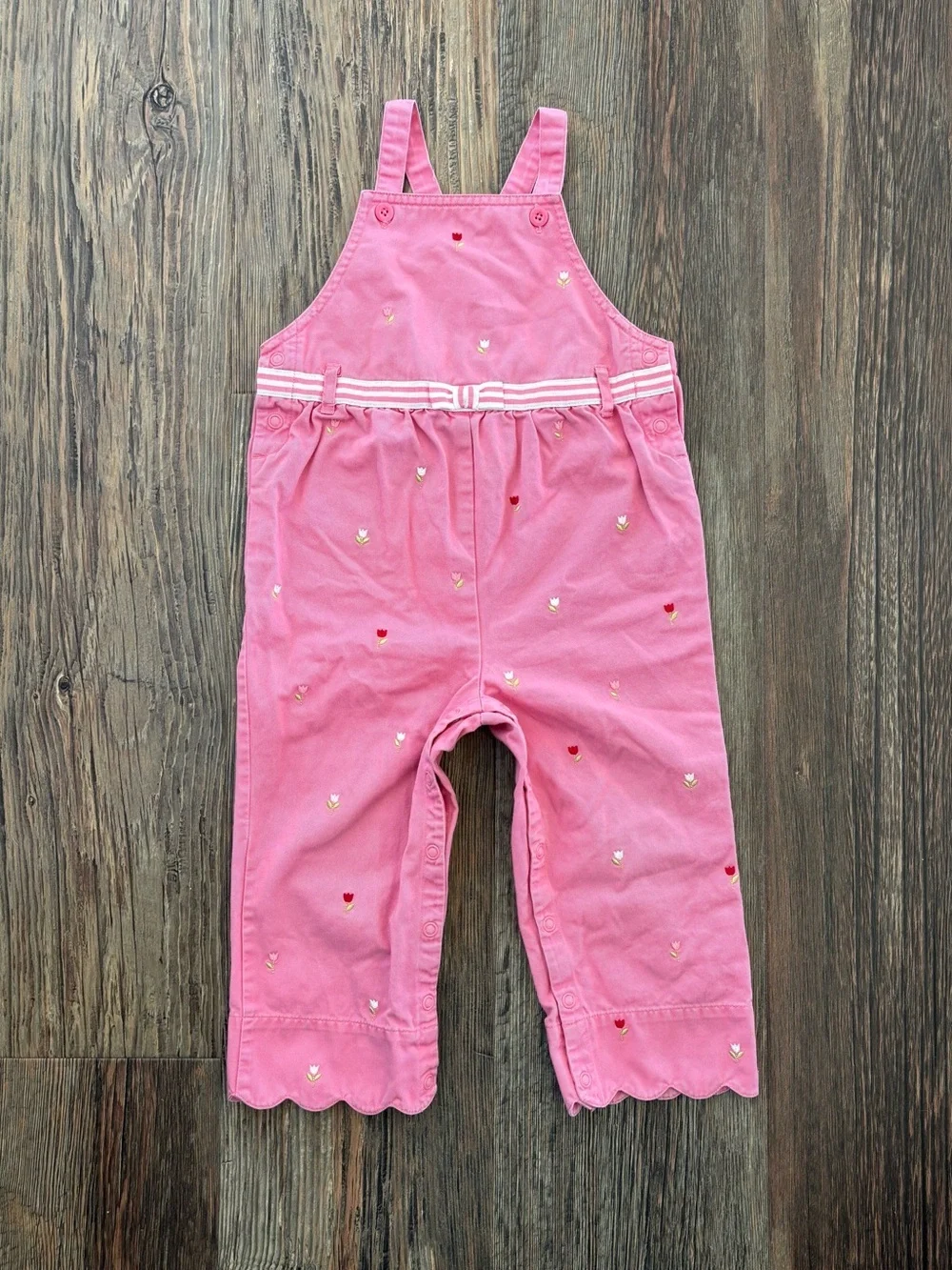 Y2K Gymboree Pink Floral Embroidered Bib Overalls 18-24 Mos Scalloped Hems 2003